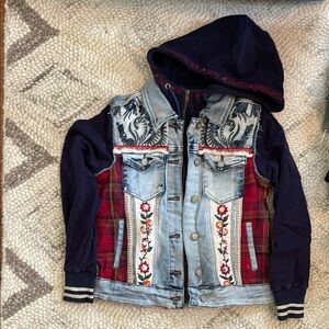 Desigual Blue and Red Bomber Jacket with Denim and Plaid Accents